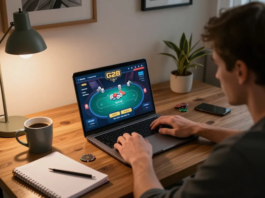 Player immersed in G28 online poker game, laptop showing cards and betting options, cozy home setup.