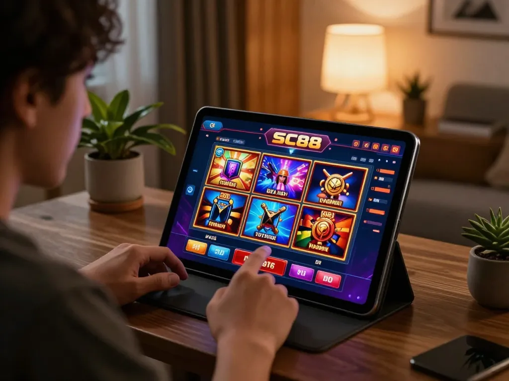 Engaging gameplay on SC88's online slots seen on a tablet in a cozy home setting
