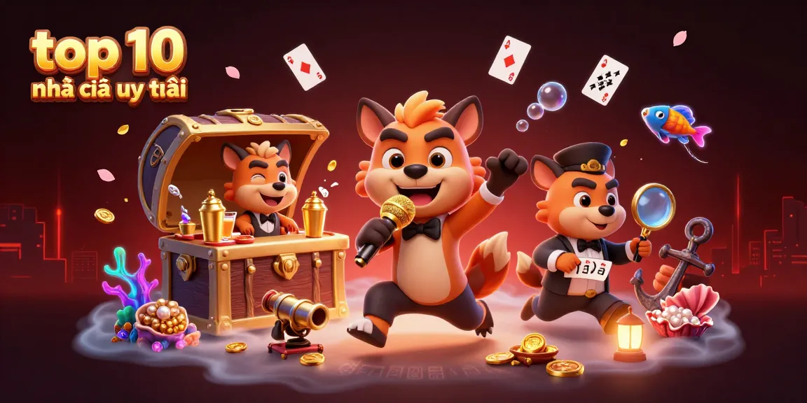 Engage with top 10 nhà cái uy tín, featuring hyena characters in a lively casino scene.