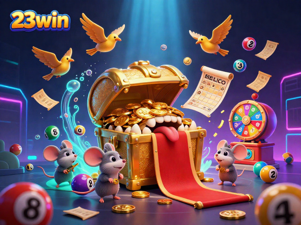 Engage with vibrant gaming elements in 23win's thrilling illustration depicting a treasure and lottery theme.