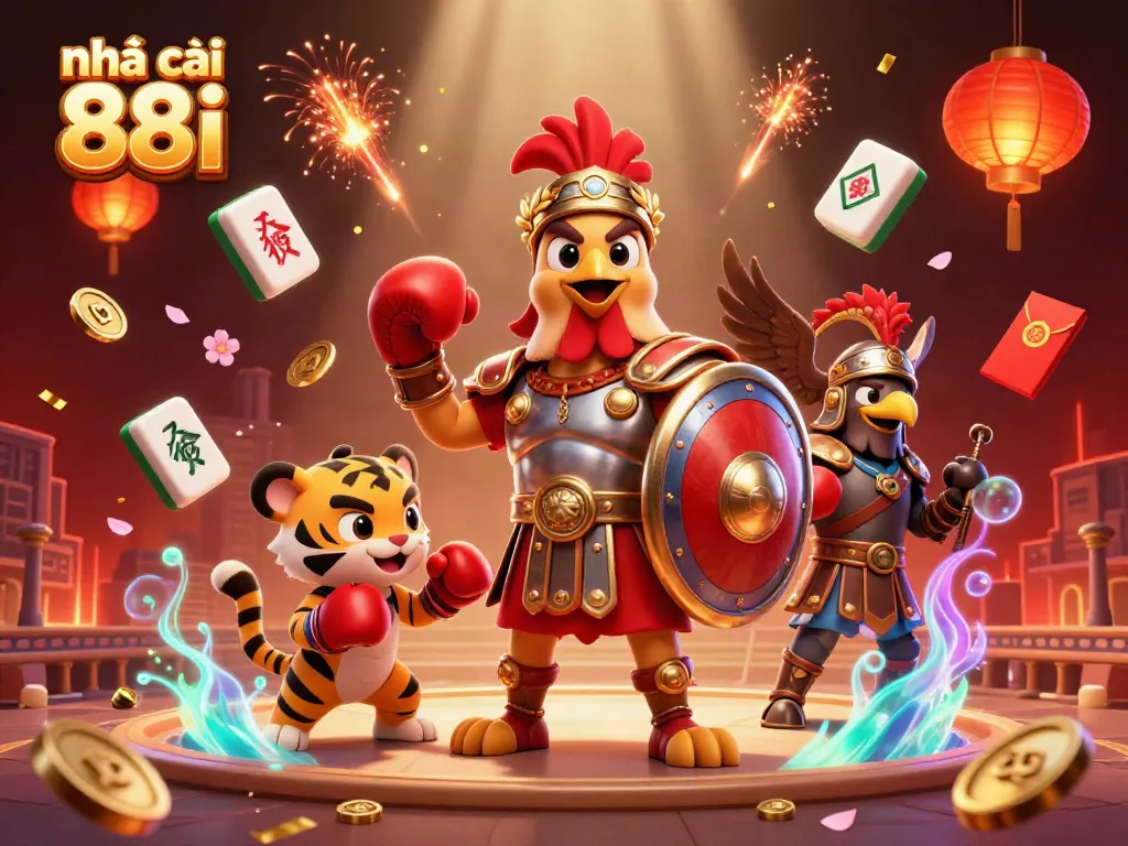 Experience thrilling action at Nhà cái 88i with a vivid 3D illustration of a gladiator rooster and partners celebrating in a dynamic casino-themed scene.