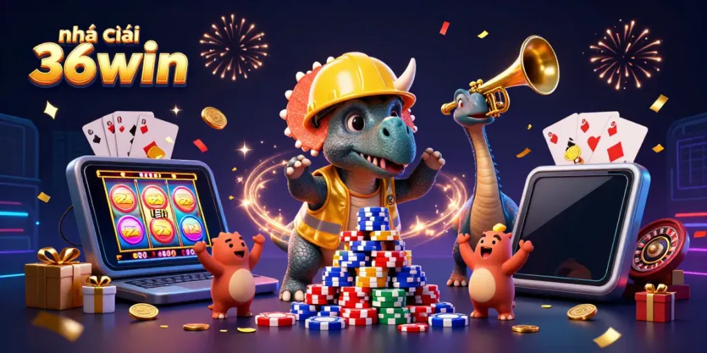 Engaging scene showcasing Nhà cái 36win with cartoon dinosaurs celebrating while building poker chip towers, surrounded by casino elements.