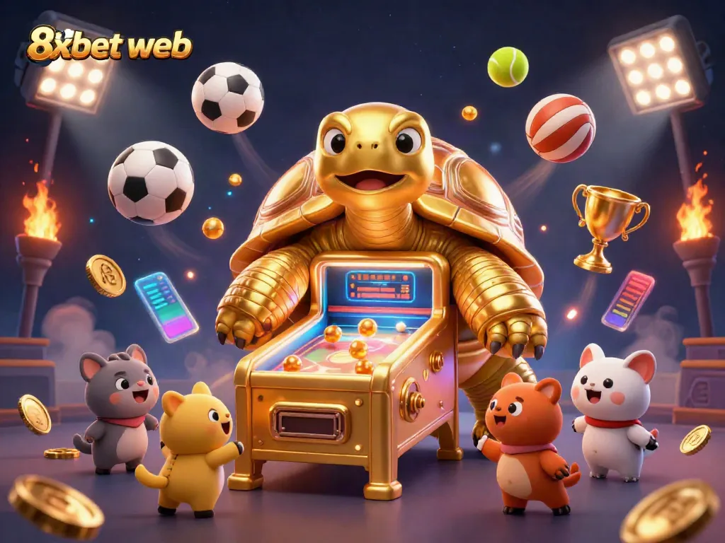 Engaging scene of players enjoying the 8xbet web experience with golden tortoise pinball and sports elements