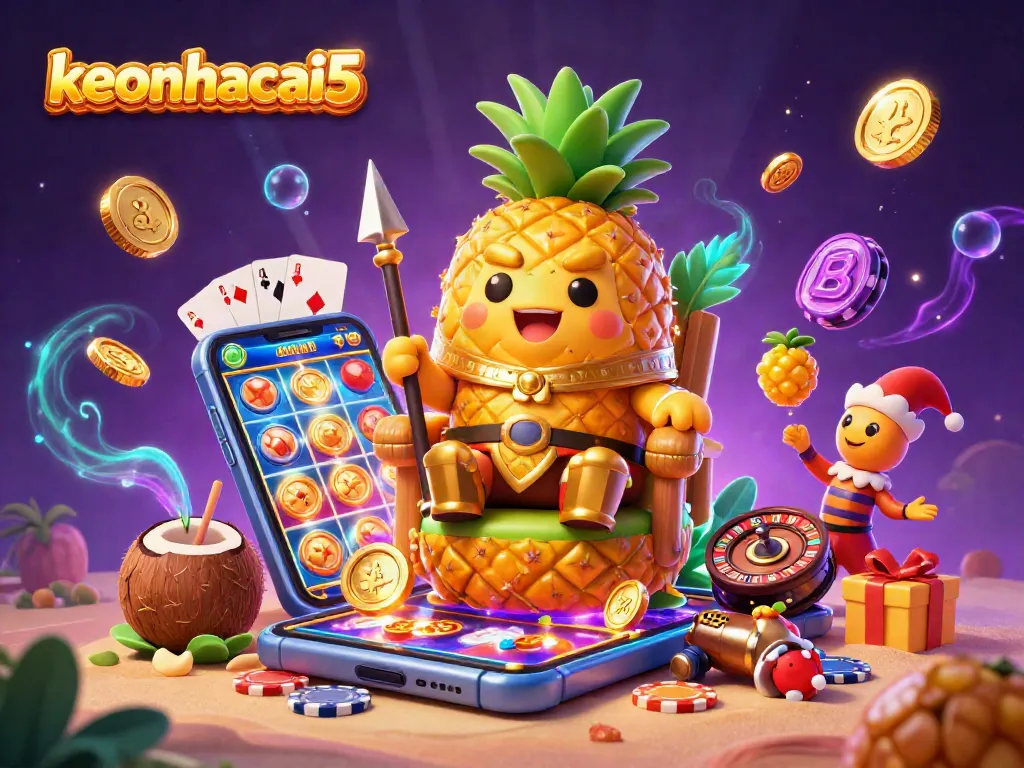 Engage with keonhacai5 through a vibrant 3D cartoon casino scene filled with action and excitement.