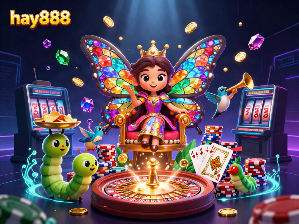 Experience the vibrant world of hay888 with a majestic butterfly queen and thrilling casino elements.