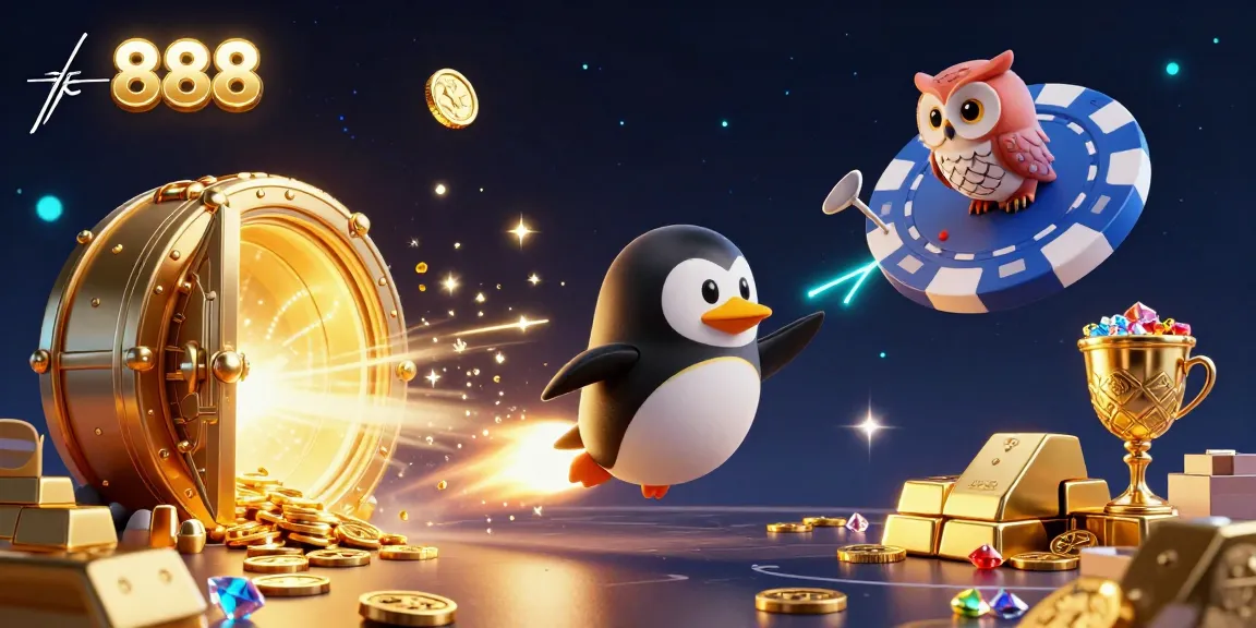 Engage in thrilling games with tk 888, featuring a golden penguin and dynamic casino elements in action.