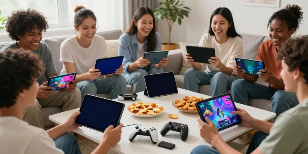 Friends enjoying a gaming session on mobile devices at home, showcasing rokok88 gaming experience.