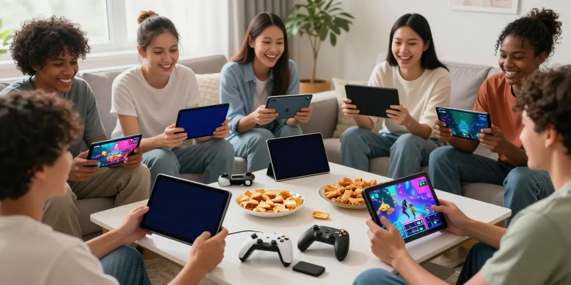 Friends enjoying a gaming session on mobile devices at home, showcasing rokok88 gaming experience.
