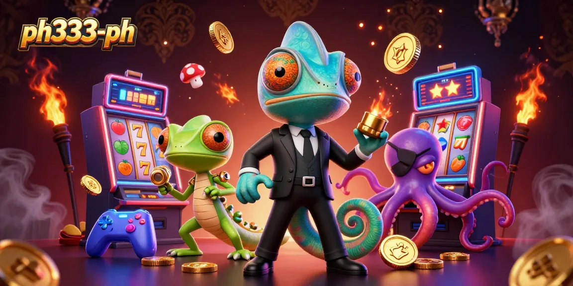 Spin reels with the ph333-ph chameleon agent amidst vibrant casino elements, creating an exciting gaming atmosphere.