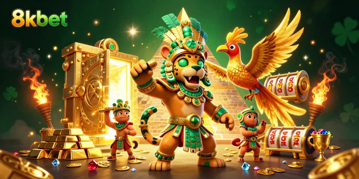 Experience the thrill of 8kbet with this vibrant casino scene featuring a Mayan priest and treasures.