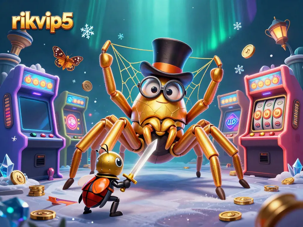 Experience the thrill of rikvip5 with an engaging illustration featuring a golden tarantula and a beetle knight amidst vibrant casino elements.