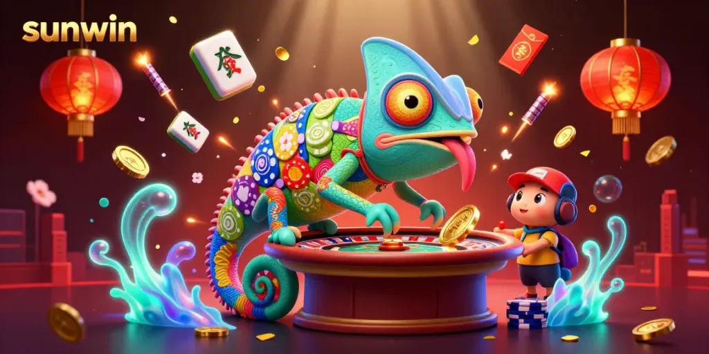 Engaging visual of sunwin casino with a colorful chameleon owner and various interactive gaming elements.