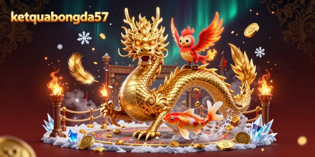 Experience exciting betting with ketquabongda57, showcasing a fierce dragon and phoenix amidst rich casino elements.