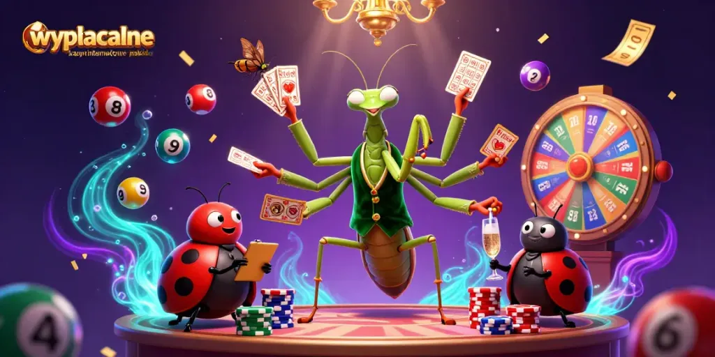 Engage with wypłacalne kasyna internetowe polskie in a vibrant casino scene featuring a lively mantis card sharp and ladybug pit boss.