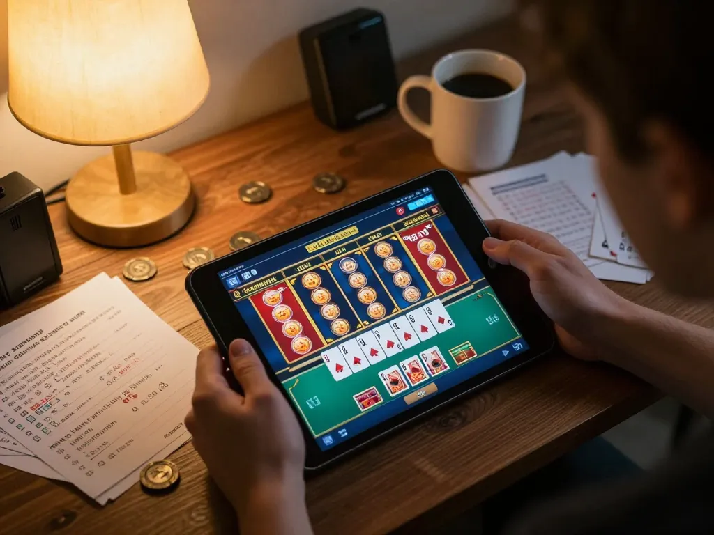 Engaging user playing casino games on lc88 com app, surrounded by strategy notes and cozy home vibes.