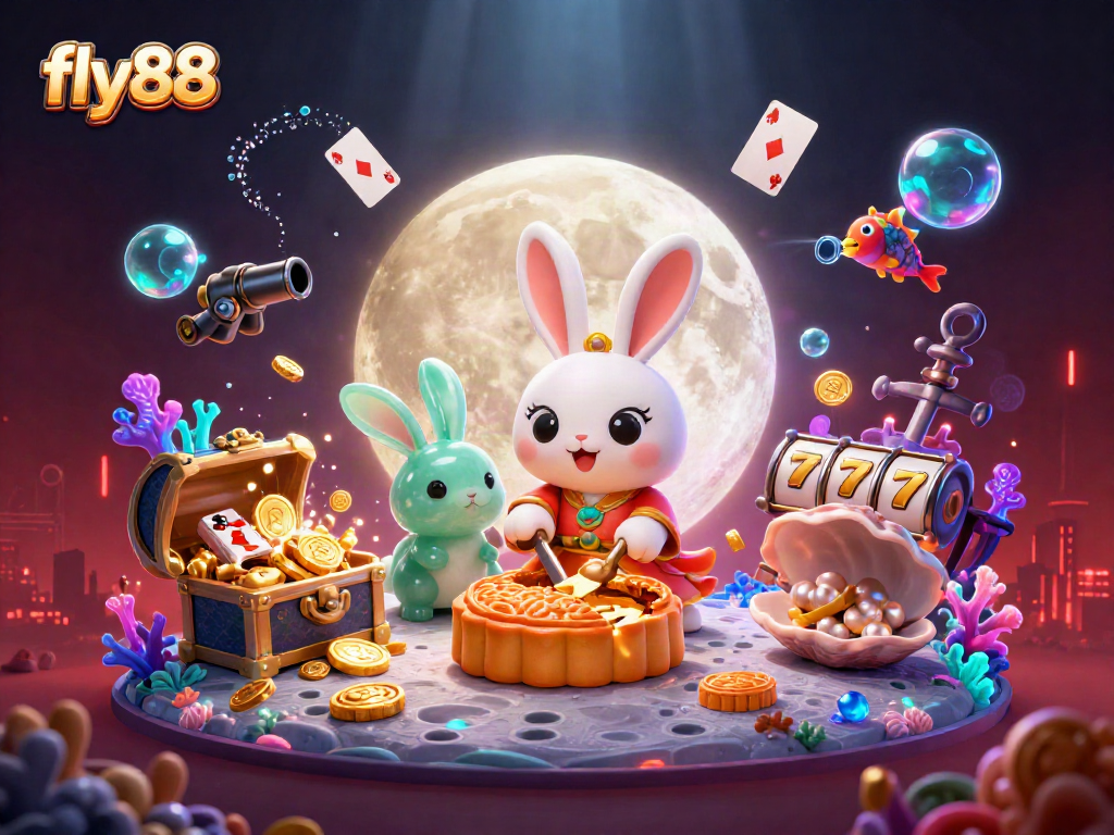 Experience the excitement of fly88 with a vibrant casino scene featuring classic slot symbols and folklore characters.