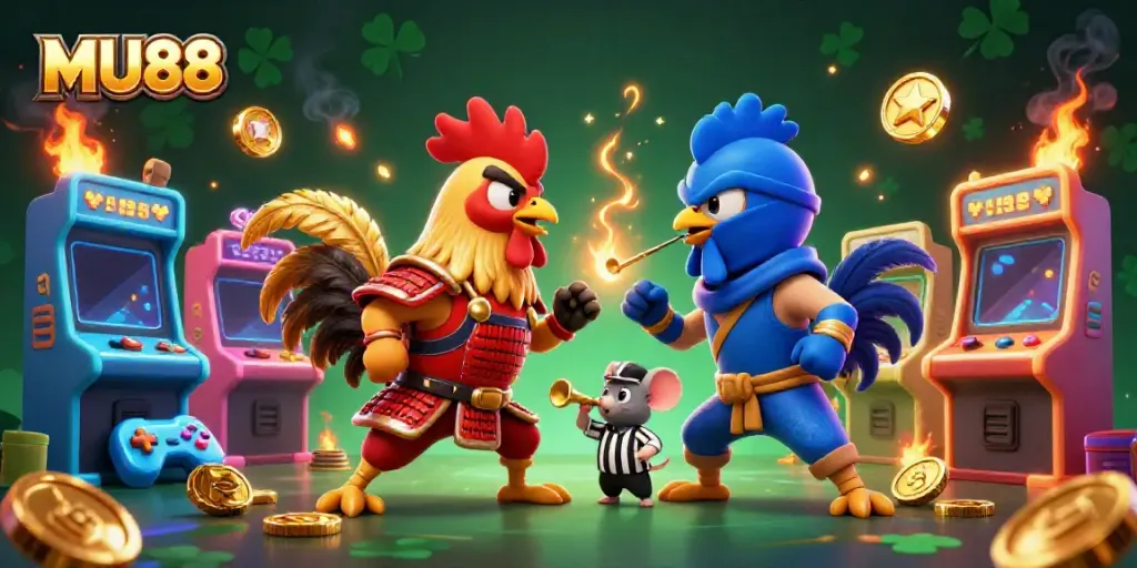Experience thrilling action at MU88 casino with colorful roosters and arcade game elements