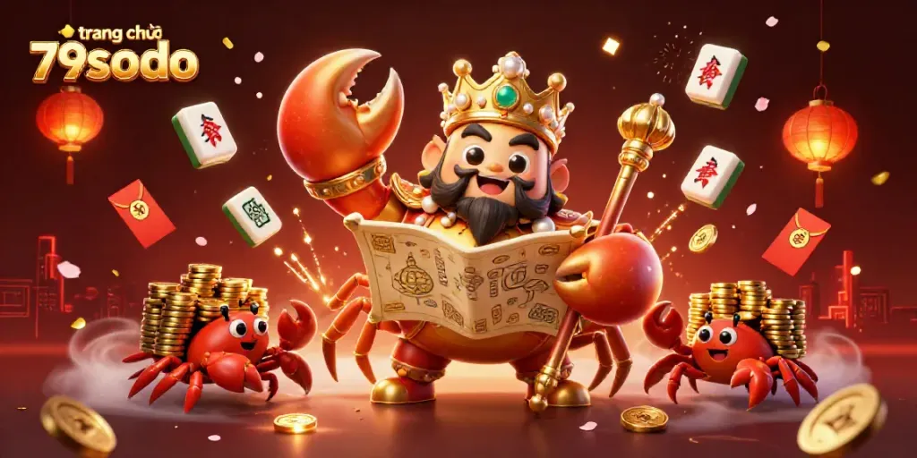 Engage in thrilling gameplay at trang chủ 79sodo, with vibrant illustrations of a golden crab emperor and festive elements.