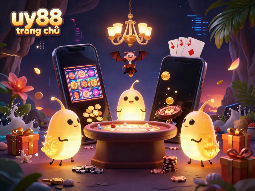 Experience the vibrant world of uy88 trang chủ with glowworms lighting a casino scene.