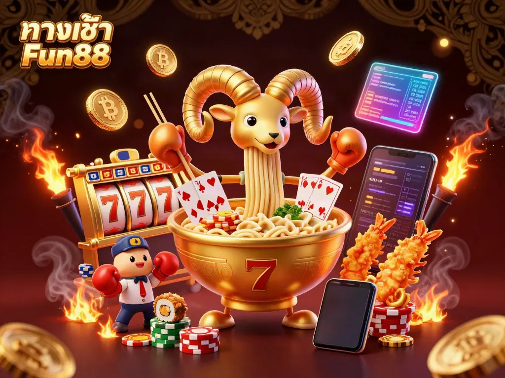 Engage in exciting games at ทางเข้า Fun88 with vibrant slot reels and dynamic characters in a colorful casino setting.