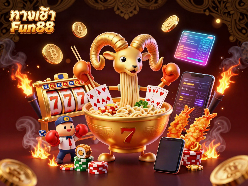 Engage in exciting games at ทางเข้า Fun88 with vibrant slot reels and dynamic characters in a colorful casino setting.