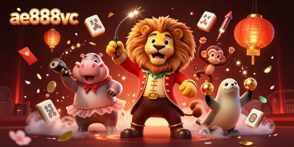 Experience thrilling gameplay at ae888vc with a vibrant circus-themed casino illustration filled with lucky elements.