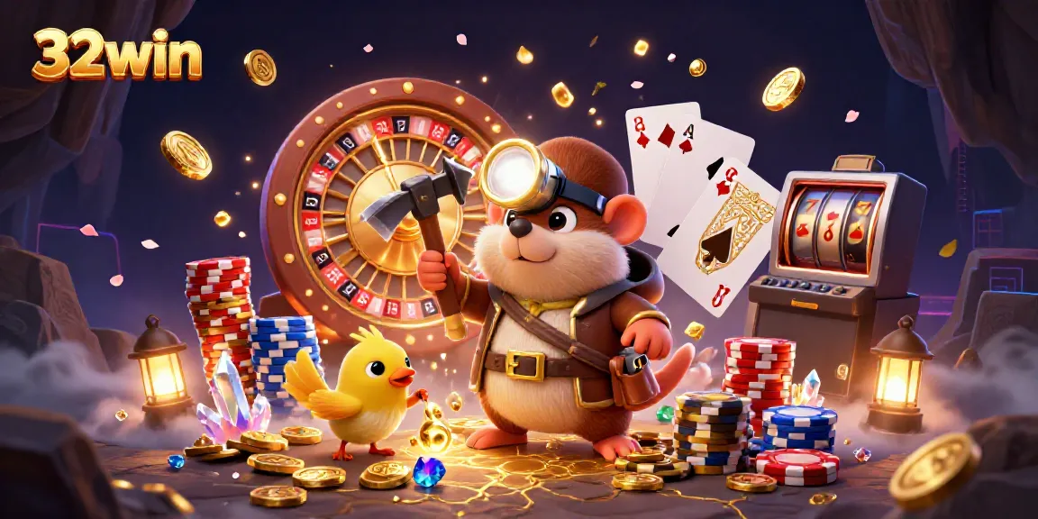 Spin the reels and immerse in golden adventures with 32win at this vivid 3D casino illustration.