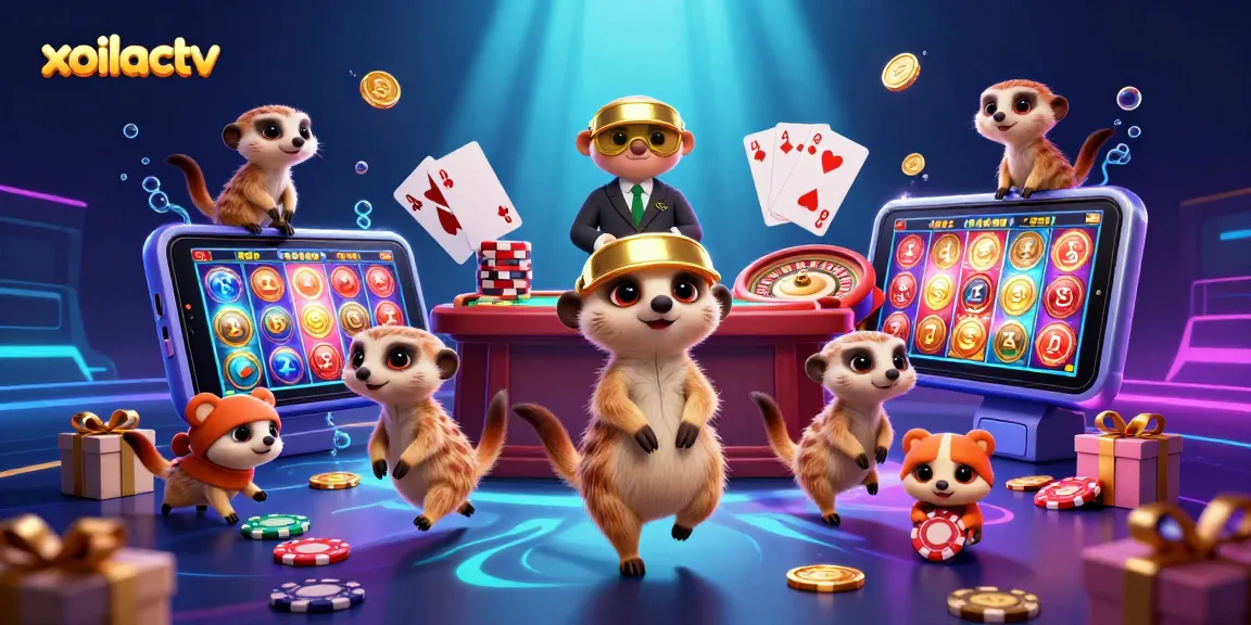 Xoilactv presents a vibrant 3D casino scene with meerkats managing games and sneaking chips.