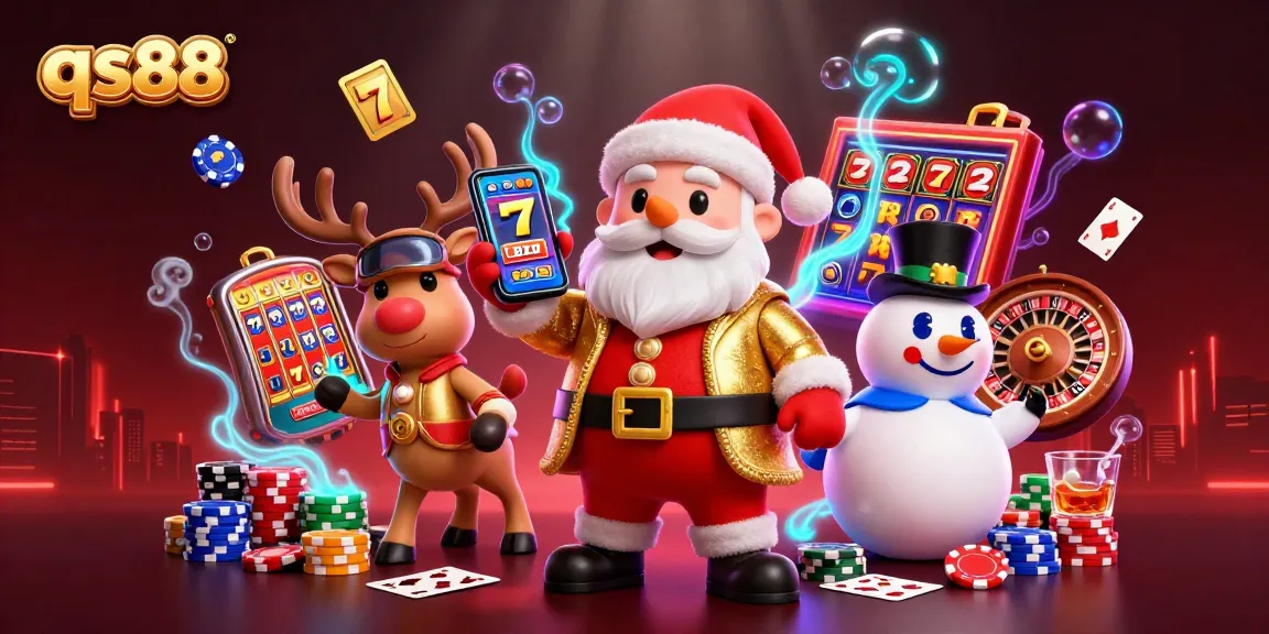Experience the thrill of qs88 casino with Santa and friends amidst vibrant slot game elements.
