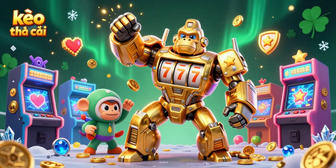 Engage in kèo nhà cái with dynamic scenes of a golden gorilla mech, joyful coins, and vibrant gaming elements.