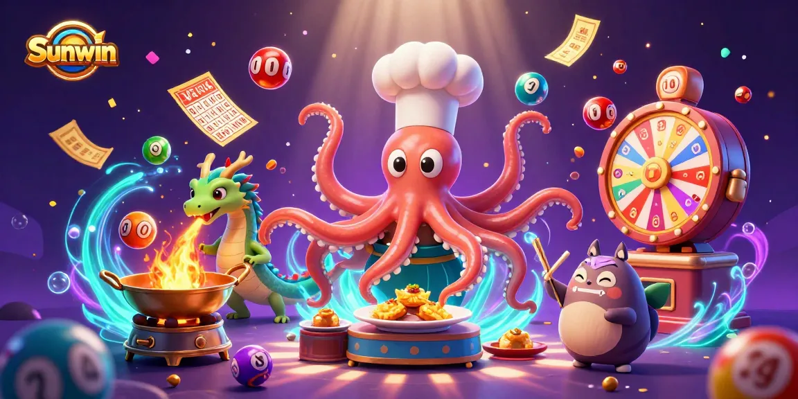 Sunwin captures excitement with a vibrant 3D scene of an octopus chef and dragon, showcasing thrilling games and fun.