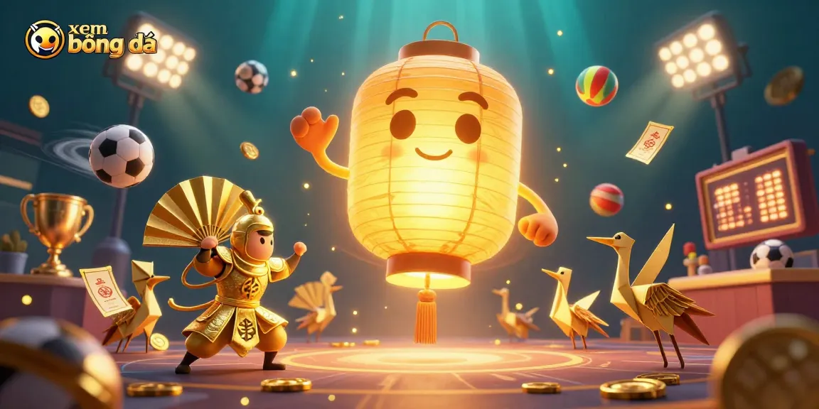 Xem bóng đá with a golden lantern spirit, sports elements, and vibrant energy in a casino scene