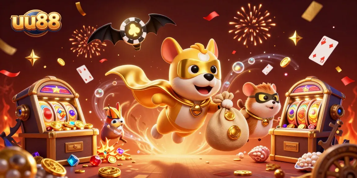 uu88 features a cartoon superhero dog and hamster delivering gold coins in a vibrant casino scene.