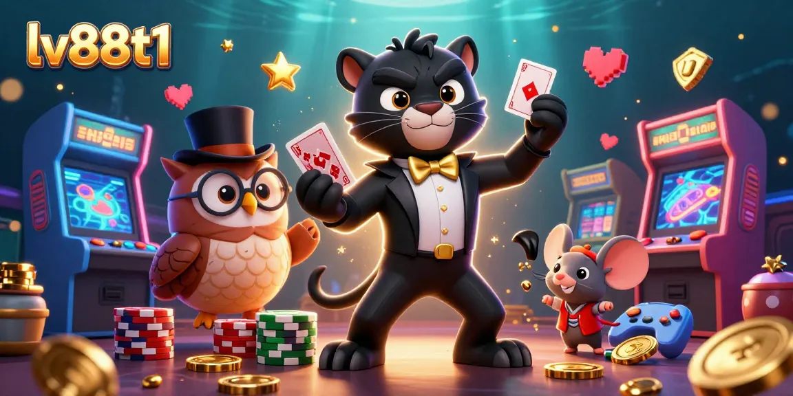 Experience the thrill of lv88t1 with a virtual casino scene featuring animated characters dealing cards and poker chips.