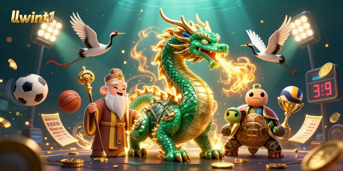 Experience the excitement of llwint1 with a vibrant 3D scene featuring dynamic gambling elements and mythical characters.