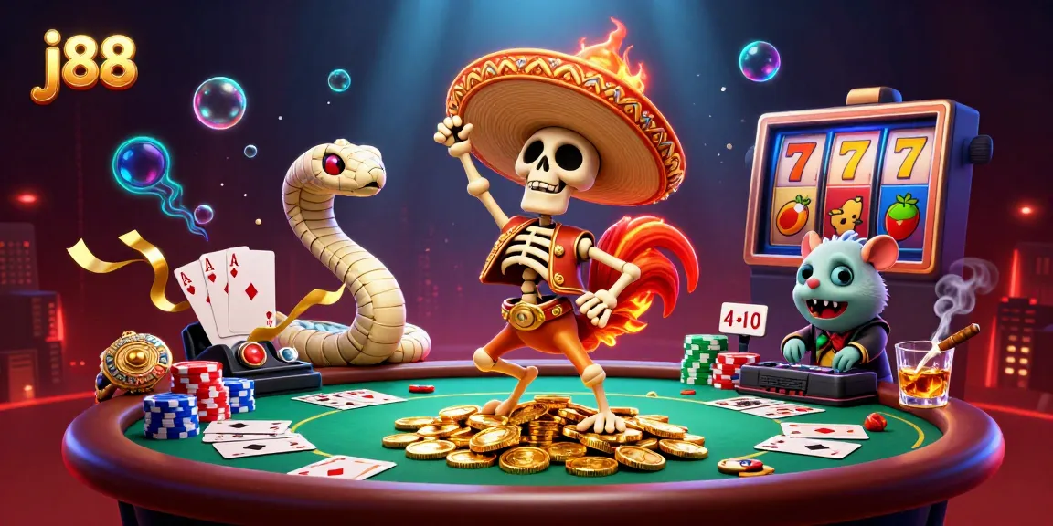 Spin to win with j88 as a mariachi rooster celebrates atop golden coins surrounded by vibrant casino elements.