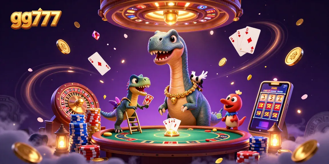 Engage in thrilling action at gg777 with a cartoon dinosaur dealing poker amidst golden coins and vibrant casino elements.