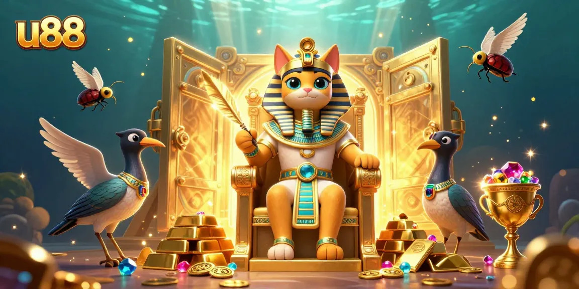 Play exciting games at u88 with an Egyptian pharaoh cat character amidst treasures and jewels.