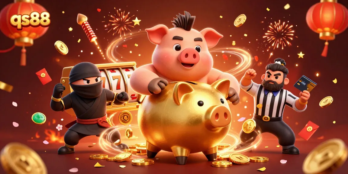 Exciting qs88 scene with a golden piggy bank sumo wrestler, wallet-ninja, and credit-card samurai celebrating with slot symbols.