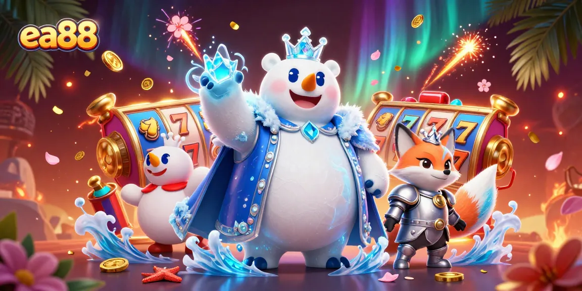 Play slots with ea88, featuring vibrant characters, lucky symbols, and dynamic visuals.