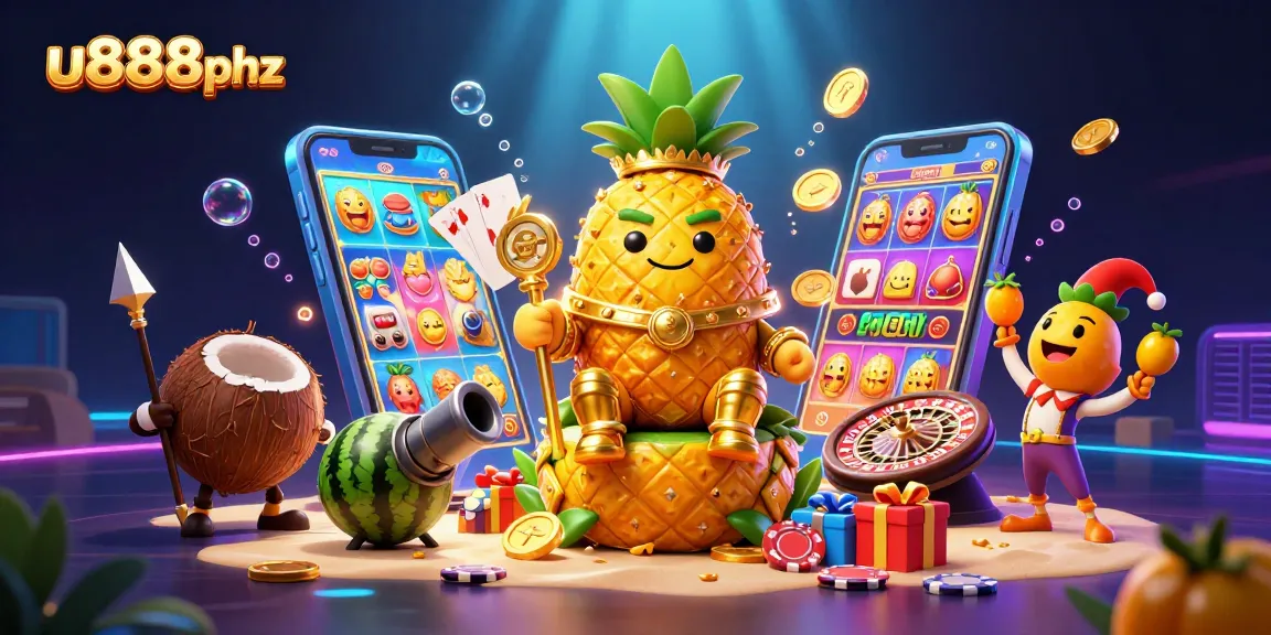 Experience thrilling gameplay at u888phz with our vibrant 3D casino scene featuring unique characters and gaming elements.