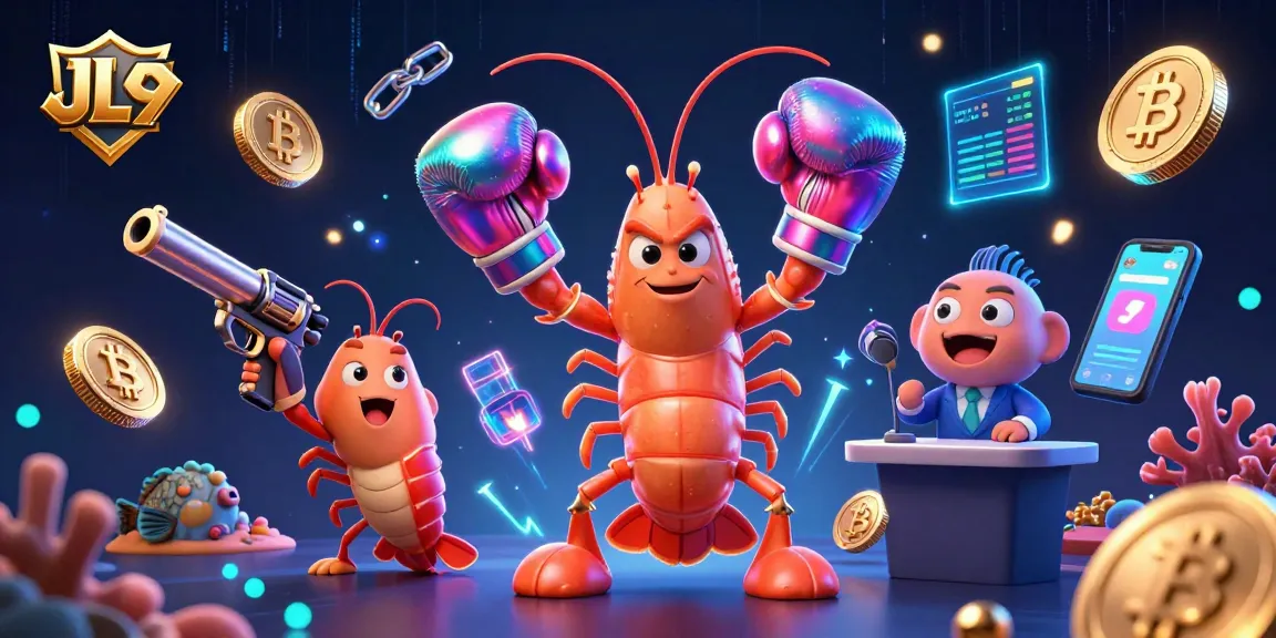 JL9 players engage with vibrant casino action through a cartoon shrimp duo among neon coins and electric visuals.