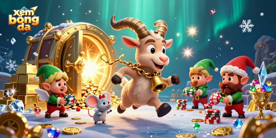 Xem bóng đá in a vibrant casino scene with Krampus goat, angel mouse, and elf gremlins stealing poker chips