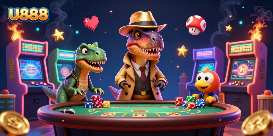 U888 captures the excitement of casino gaming as a velociraptor card counter blends seamlessly at a blackjack table.