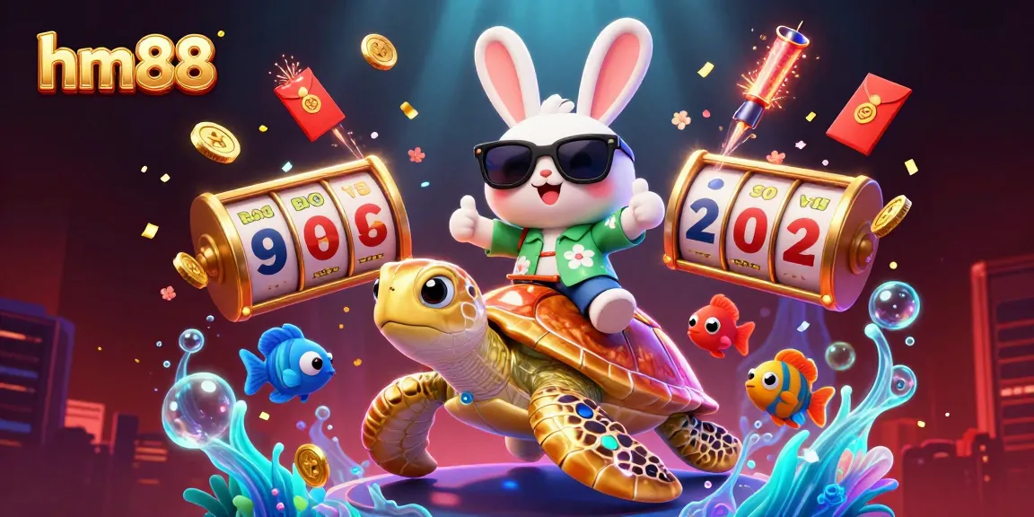 Engage with the vibrant world of hm88 online casino featuring a lucky rabbit and a golden turtle amidst lively gambling elements.