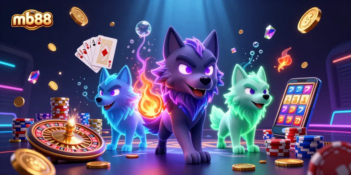 Experience the thrilling aura of mb88 with glowing wolves amidst flying coins and spinning roulette.
