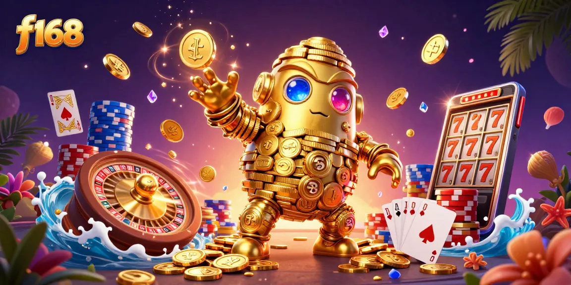 Play f168 casino with ancient golden golem surrounded by coins and exciting game elements.