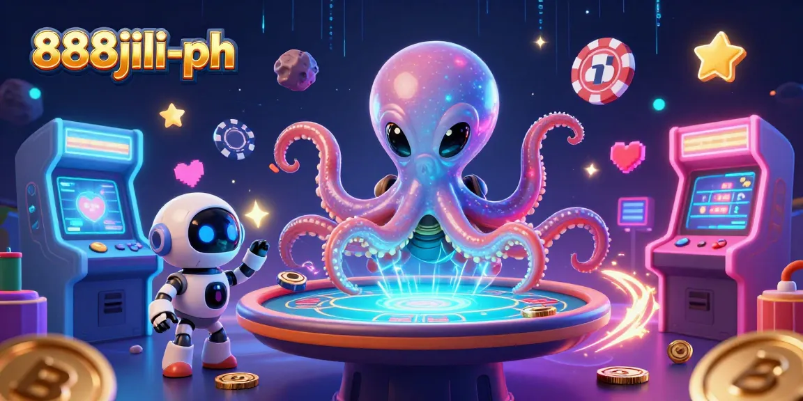 Engaging scene of 888jili-ph featuring a cartoon alien octopus at a holographic poker table, enhancing gaming excitement.
