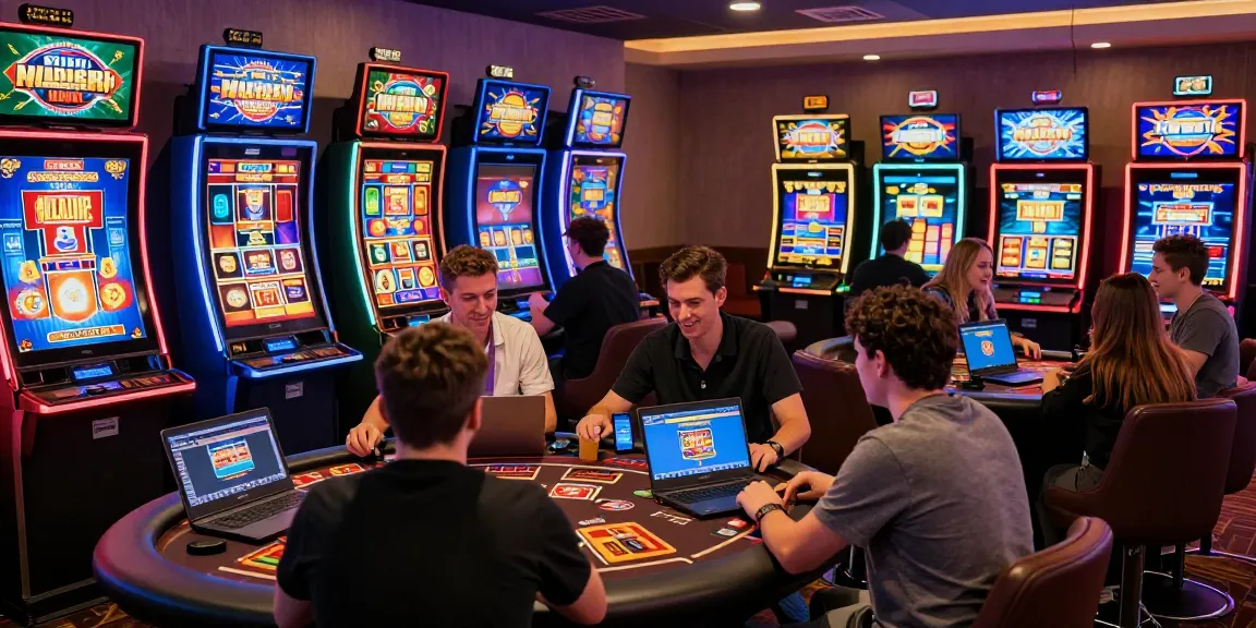 Excited players enjoying the diverse games at Sun win online casino, creating a lively gambling atmosphere with warm lighting and vibrant graphics.