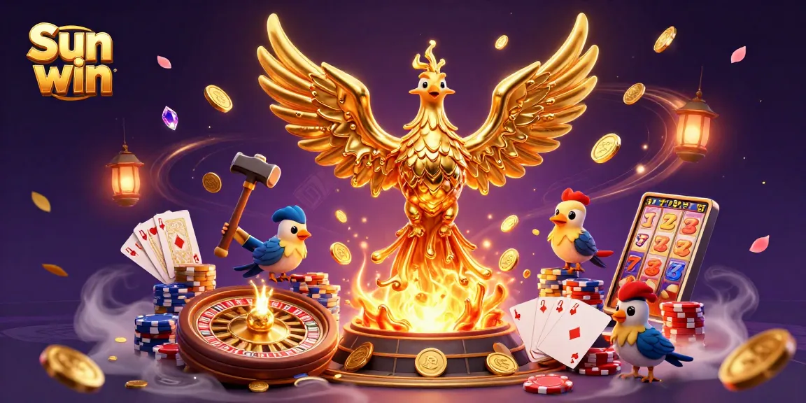 Win big with Sun win—illustration of a golden phoenix and vibrant casino elements in an action-packed scene.